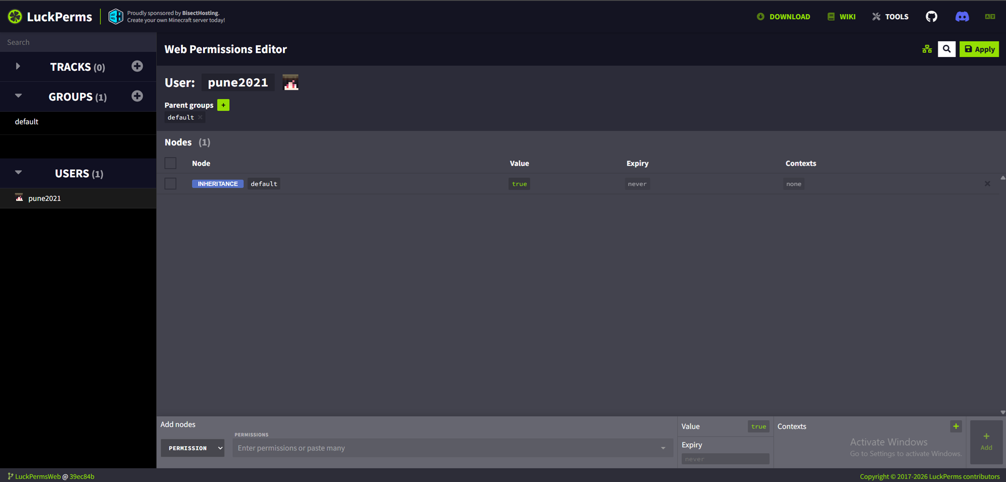 หน้าต่างระบบจัดการยศ Web Editor ของปลั๊กอิน LuckPerms