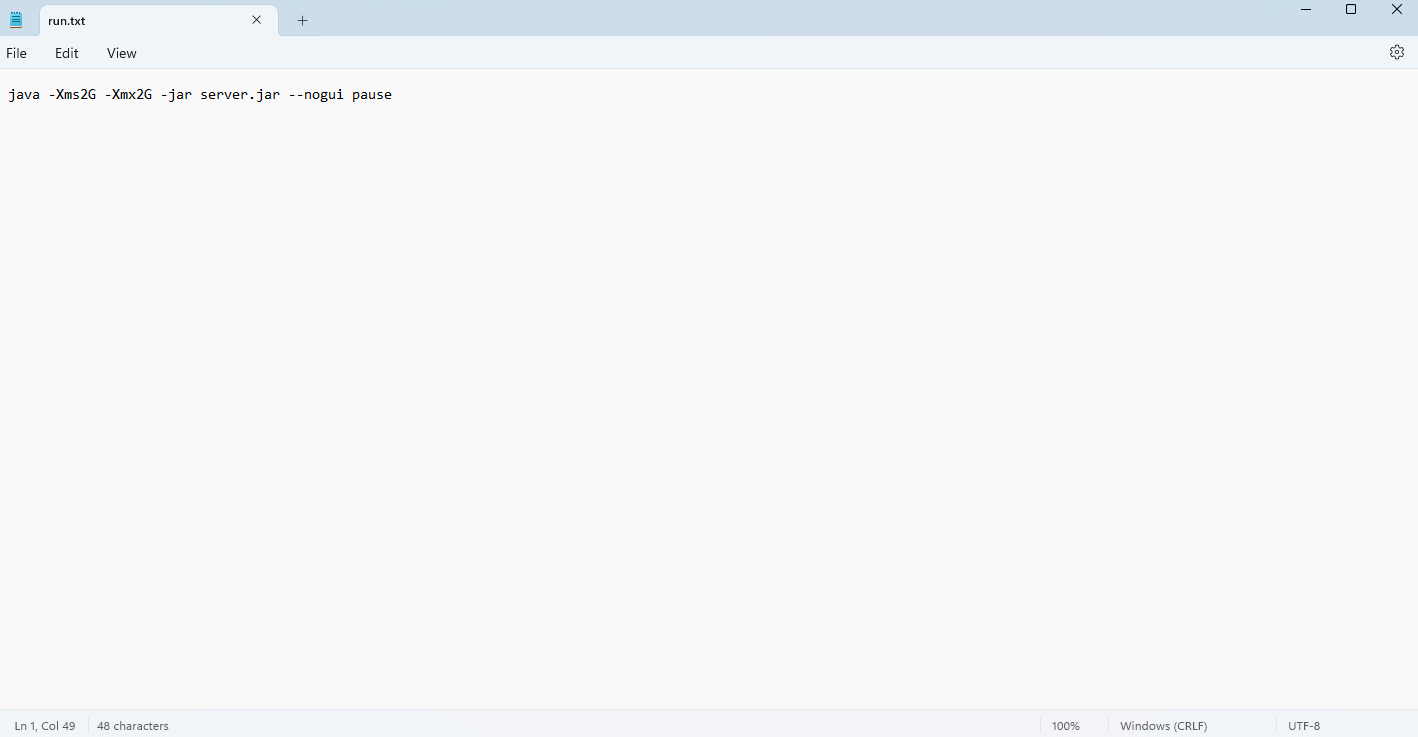 คัดลอกคำสั่ง java -jar ลงใน Notepad เพื่อสร้าง run.bat