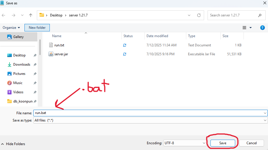 บันทึกไฟล์เป็น run.bat ใน Windows
