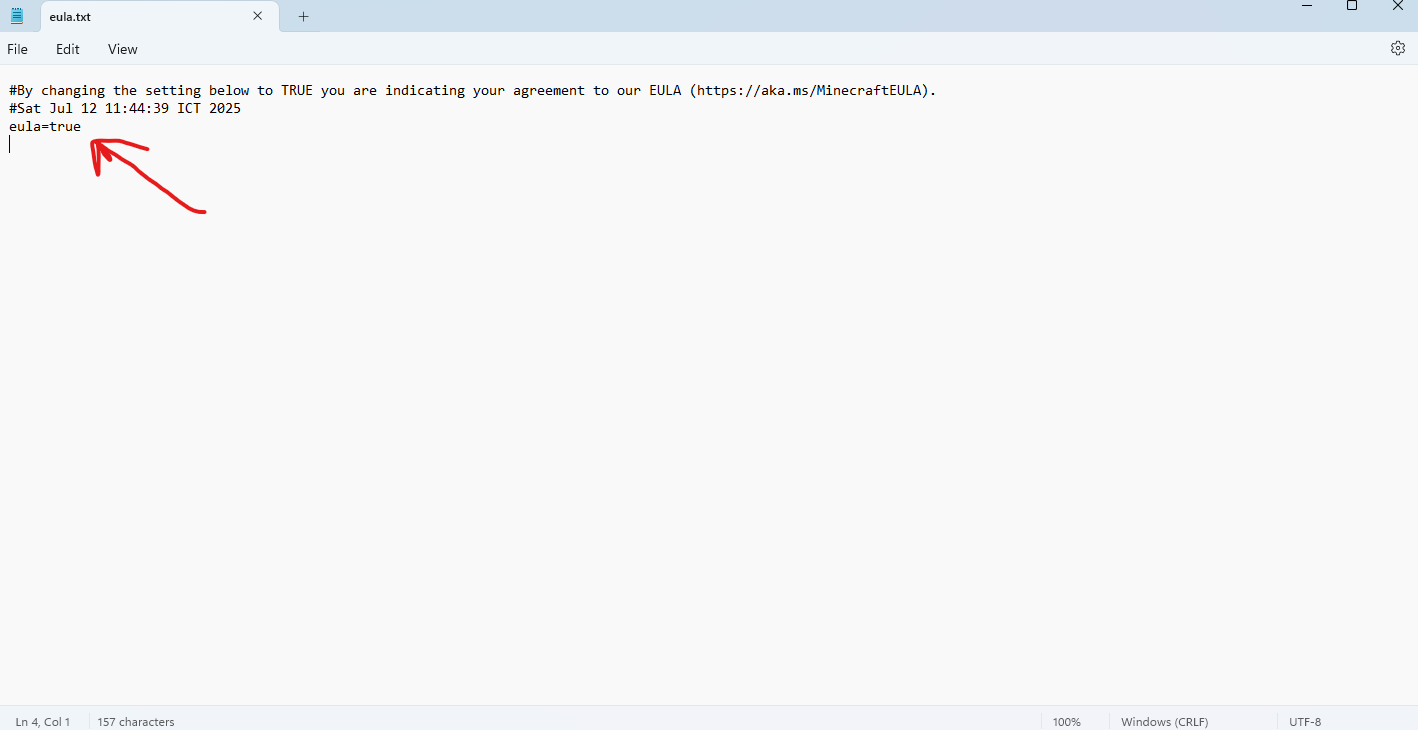 แก้ค่า eula=true ในไฟล์ eula.txt